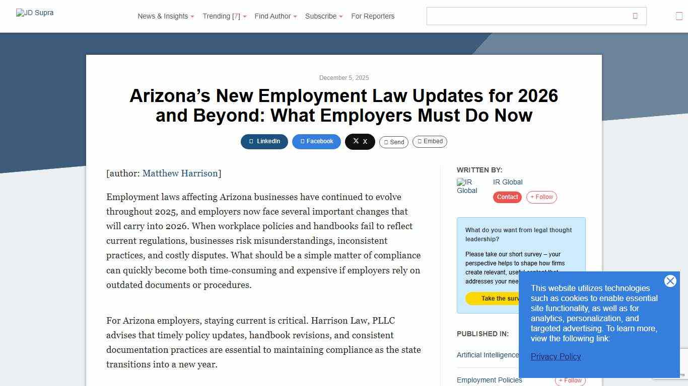 Arizona’s New Employment Law Updates for 2026 and Beyond: What Employers Must Do Now IR Global - JDSupra